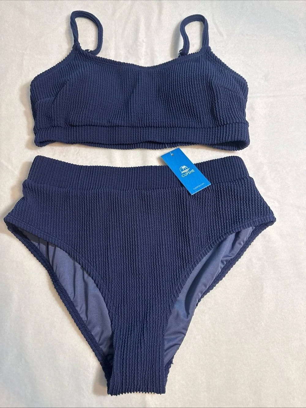 New Navy Blue CupShe Ribbed Highwaisted Bikini Set. Medium
